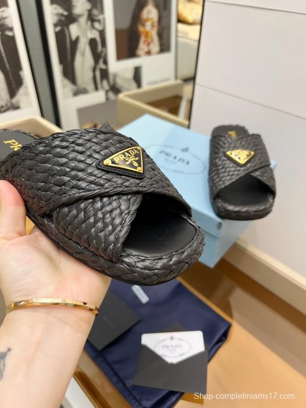 Prada 2025 SS Raffia Handwoven Cross Strap Sandals - KFY00260