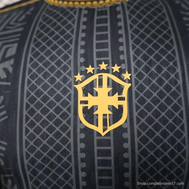 2026 Player Version Brazil Black with Gold Geometric Tribal Pattern Jersey
