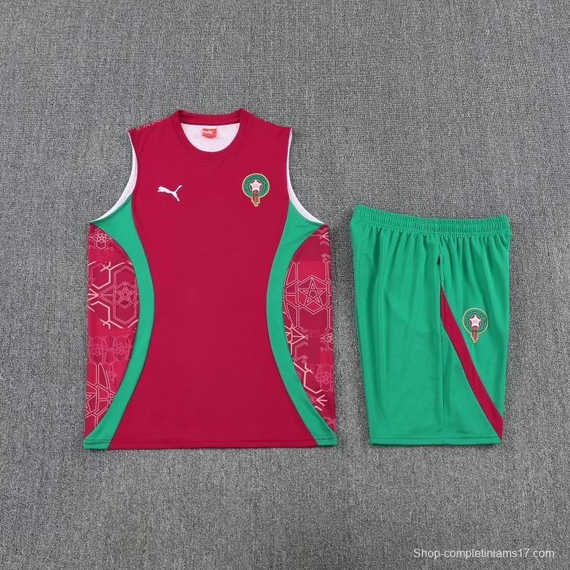 26/27 Morocco Red Sleeveless Training Vest +Green Shorts Set