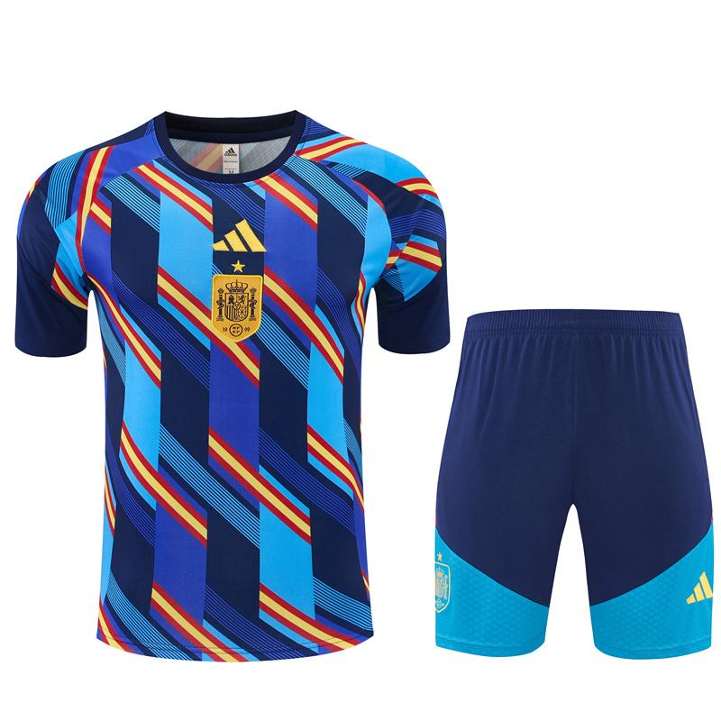 2026 Spain Navy Blue Multi-Color Diagonal Stripe Short Sleeve+Soccer Shorts