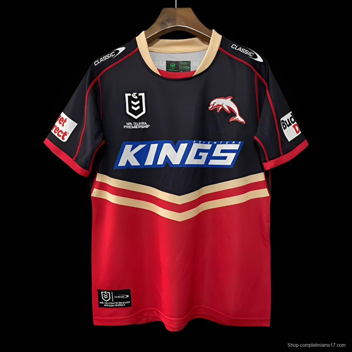 2025 Redcliffe Dolphins Red with Tonal Hoops Home Jersey