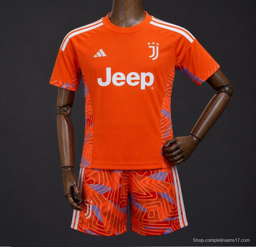 26/27 Kids Juventus Orange with Abstract Maze Pattern Goalkeeper Jersey Set